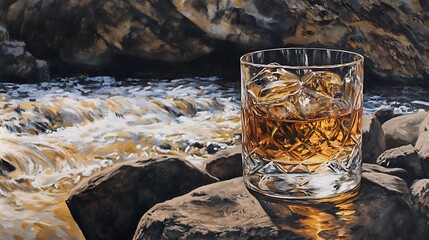 A glass of whiskey with ice sits on a rock next to a rushing river with sunlight reflecting on the water.