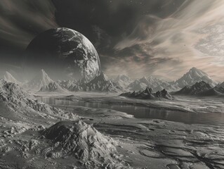 Wall Mural - desolate landscape with a large planet in the background. the sky is dark and cloudy, and the mounta
