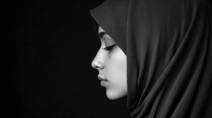 Woman wearing a black scarf stands in front of a black background. The scarf is draped over her head, covering her face and neck. The woman's face is the only visible part of her body