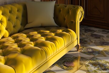 Close-up of yellow sofa in luxury living room. Home interior design. Living space renovation. Modern home lifestyle. Furniture retail and home decor. Banner, poster