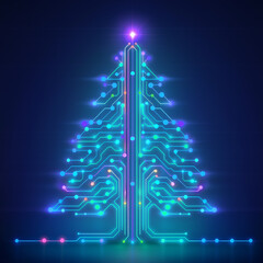 Illuminated digital Christmas tree design with vibrant colors and circuit board patterns