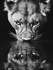 Wall Mural - lion is drinking water from a pond. the reflection of the lion in the water is also visible