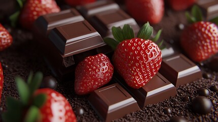 Close up of chocolate bars with fresh strawberries and chocolate sprinkles.