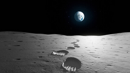 Wall Mural - footprints on the moon surface with earth visible in the distance at night