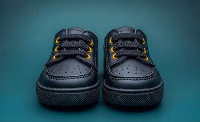 Two black shoes with yellow laces. The shoes are on a blue background. The shoes are shiny and have a metallic look