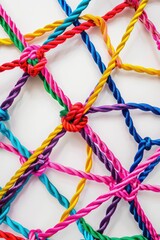 Colorful net of strings with knots in it. The colors are bright and the knots are in different shapes. Concept of playfulness and creativity