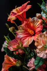 Sticker - Bouquet of flowers with a mix of pink and orange colors. The flowers are arranged in a vase and are placed on a black background. Scene is warm and inviting