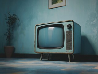 Blue old fashioned television sits on a carpeted floor in a room. The television is turned off and the room is dimly lit