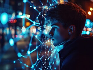 Wall Mural - Man is looking at a computer screen with a blue background. The image has a futuristic and technological vibe