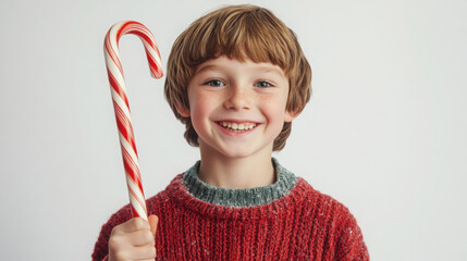 Cheerful child with candy cane: festive holiday portrait for christmas prints