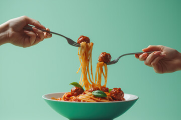 A bowl of spaghetti with meatballs and two people eating it