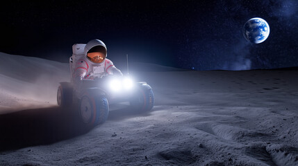 astronaut driving a lunar rover across the moon's surface with earth visible in the background