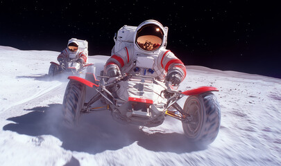 Wall Mural - astronauts exploring the lunar surface on all-terrain vehicles during a moon mission