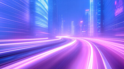 Poster - Vibrant cityscape at night with colorful light trails weaving through futuristic skyscrapers