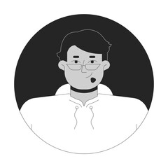 Poster - Adult arab man in glasses smiling black and white 2D avatar illustration. Middle eastern male in hoodie outline vector character face isolated. Urban casual guy user profile image portrait