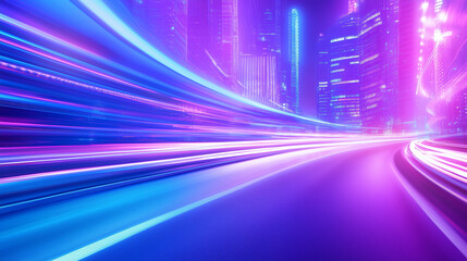 Poster - Vibrant neon light trails illuminate a futuristic city skyline at night
