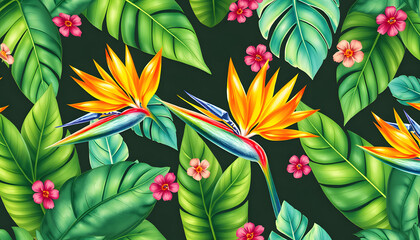 Watercolor tropical seamless pattern with bird-of-paradise flower isolated with white highlights, png