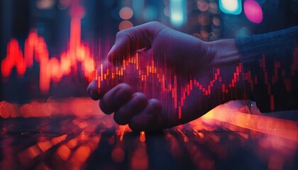 Poster - Hand Overlaying a Red Stock Market Chart in a Neon Cityscape