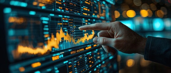 Poster - Hand Interacting with a Financial Data Screen with a Line Graph and Numbers