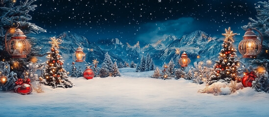 Poster - A snowy winter scene with decorated Christmas trees and lanterns lit up at night