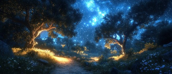 Poster - A Mystical Path Through a Starry Night Forest