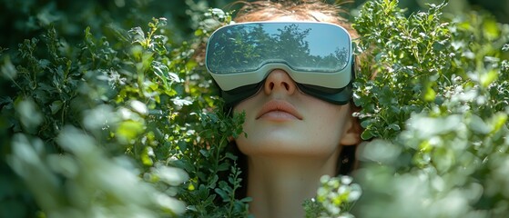 Poster - A Woman Wearing a VR Headset Surrounded by Green Foliage