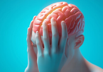 A person holds their head with a glowing brain against a vibrant blue studio backdrop