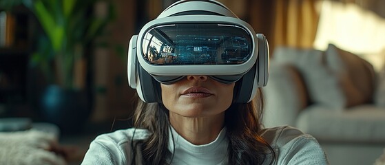Poster - Woman Wearing a Virtual Reality Headset with a Digital Interface