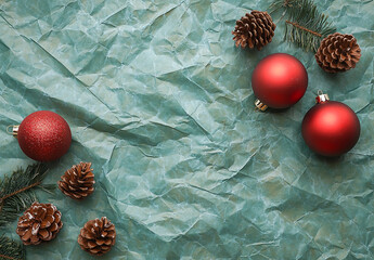 Red ornaments and pine cones on blue crumpled paper