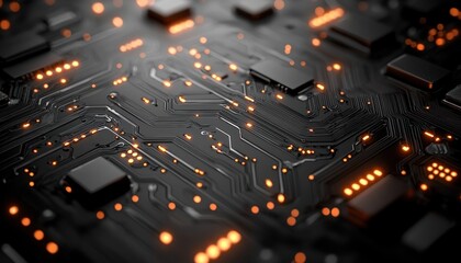 Aufkleber - Close-up of a Circuit Board with Orange Glowing Lights