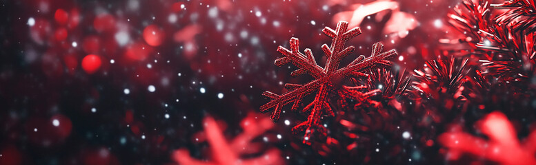 Poster - A red snowflake falls on a pine branch during a snowy winter day