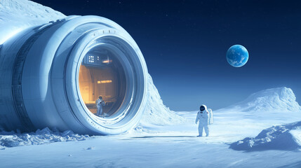 Wall Mural - astronauts explore a futuristic lunar habitat under earthrise in a serene night sky