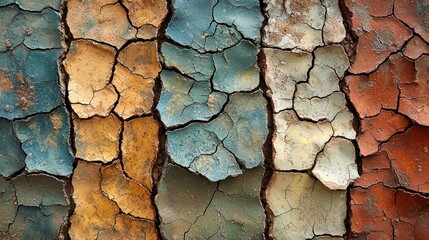 Poster - Cracked and weathered paint on a surface with multiple colors