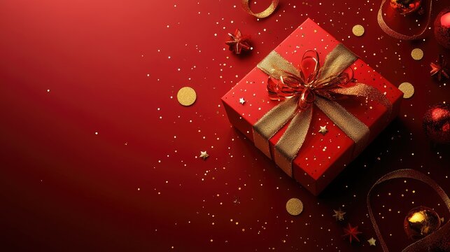 Minimalist Christmas design featuring a red gift box decorated with gold circles and a ribbon, with subtle festive elements.