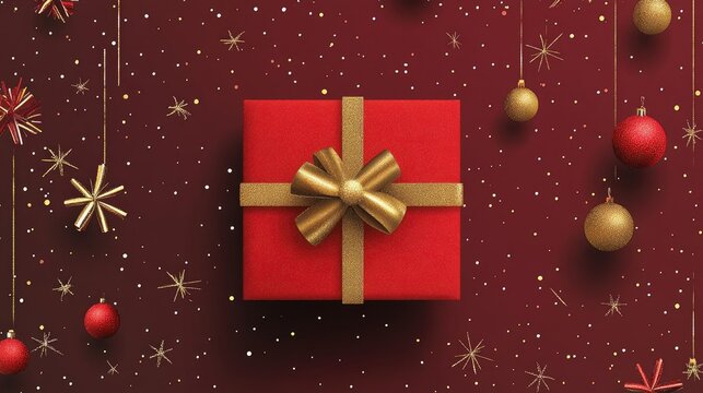 Minimalist Christmas postcard featuring a red gift box with gold circles and festive details. Vector illustration for holiday greetings.