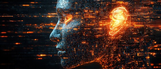 Aufkleber - Digital Human Profile with a Glowing Circuitry Ear