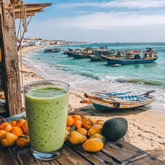 Refreshing Avocado Smoothie by Serene Beach with Boats, Exotic Tropical Fruits, and Vibrant Blue Ocean View at Scenic Coastal Destination