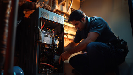 Heating Technician Inspecting Furnace in a Home	