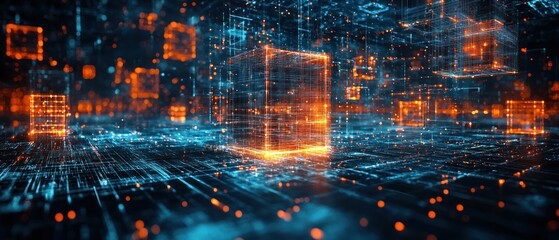 Poster - Abstract Digital Cityscape with Glowing Cubes and Lines