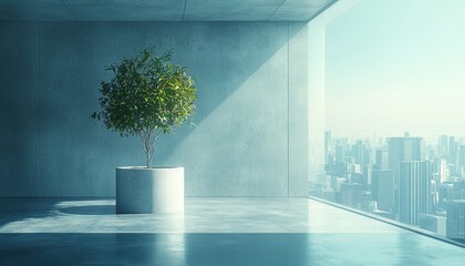 Poster - A potted plant in a modern room with a city view