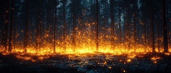 Poster - A Dark Forest with a Glowing Ground and Trees