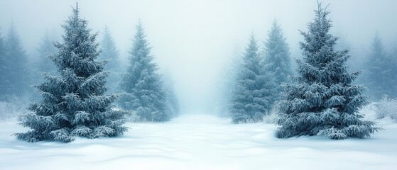 Poster - Snow-Covered Evergreen Trees in a Misty Winter Forest