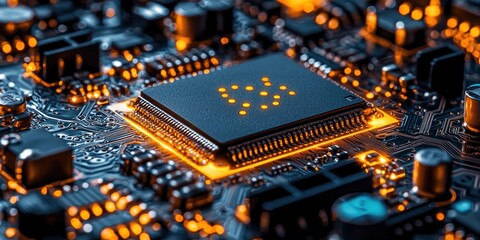 Aufkleber - close-up of a glowing microprocessor on a circuit board