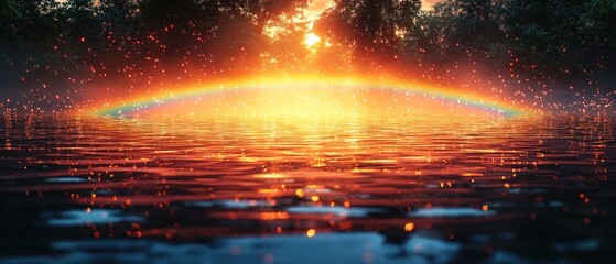 Poster - A Rainbow Arcing Over a Still Lake at Sunset