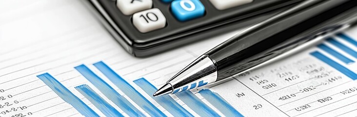 Poster - Using a pen calculator and reading glasses to calculate a financial report - Business Accounting Concept