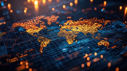 Poster - A Digital World Map with Glowing Lights and a Grid Pattern