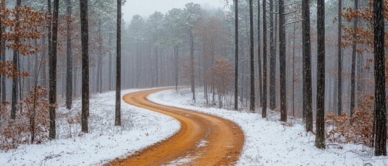 Poster - Winding Dirt Road Through Snowy Pine Forest
