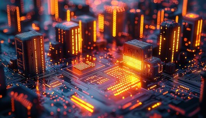 Poster - Illuminated Futuristic Cityscape on a Circuit Board