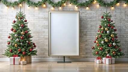 charming christmas scene with two decorated trees and blank frame for festive display