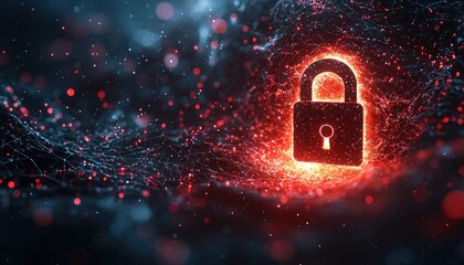 Poster - A glowing padlock symbol set against a dark background with a digital network effect.